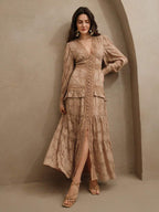 Anewsta Vestido Longo Elegante Feminino com Decote em V, Mangas Bufantes e Cintura Marcada