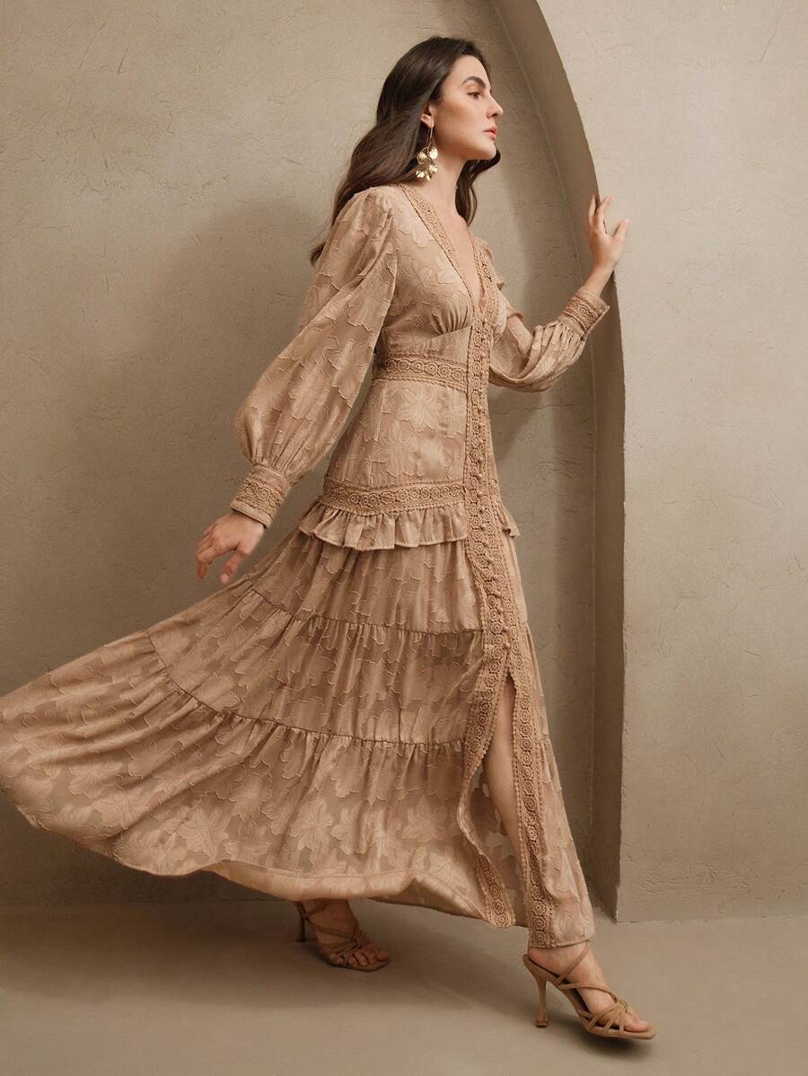 Anewsta Vestido Longo Elegante Feminino com Decote em V, Mangas Bufantes e Cintura Marcada