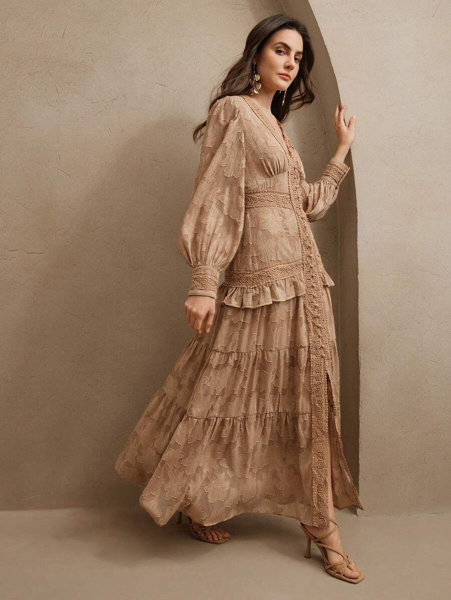 Vestido Longo Francês com Decote em V e Manga Bufante