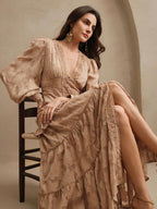 Anewsta Vestido Longo Elegante Feminino com Decote em V, Mangas Bufantes e Cintura Marcada