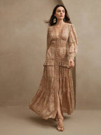 Anewsta Vestido Longo Elegante Feminino com Decote em V, Mangas Bufantes e Cintura Marcada