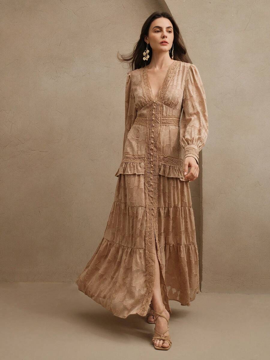 Vestido Longo Francês com Decote em V e Manga Bufante