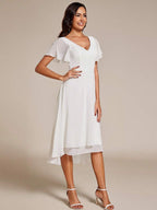 EVERPRETTY Vestido Elegante de Chiffon Liso com Decote em V, Manga Curta, Bainha Franzida, Midi Branco para Despedida de Solteira, Vestido Formal, Vestido para Chá de Panela, Vestido de Noiva para Noiva, Vestidos de Noivado