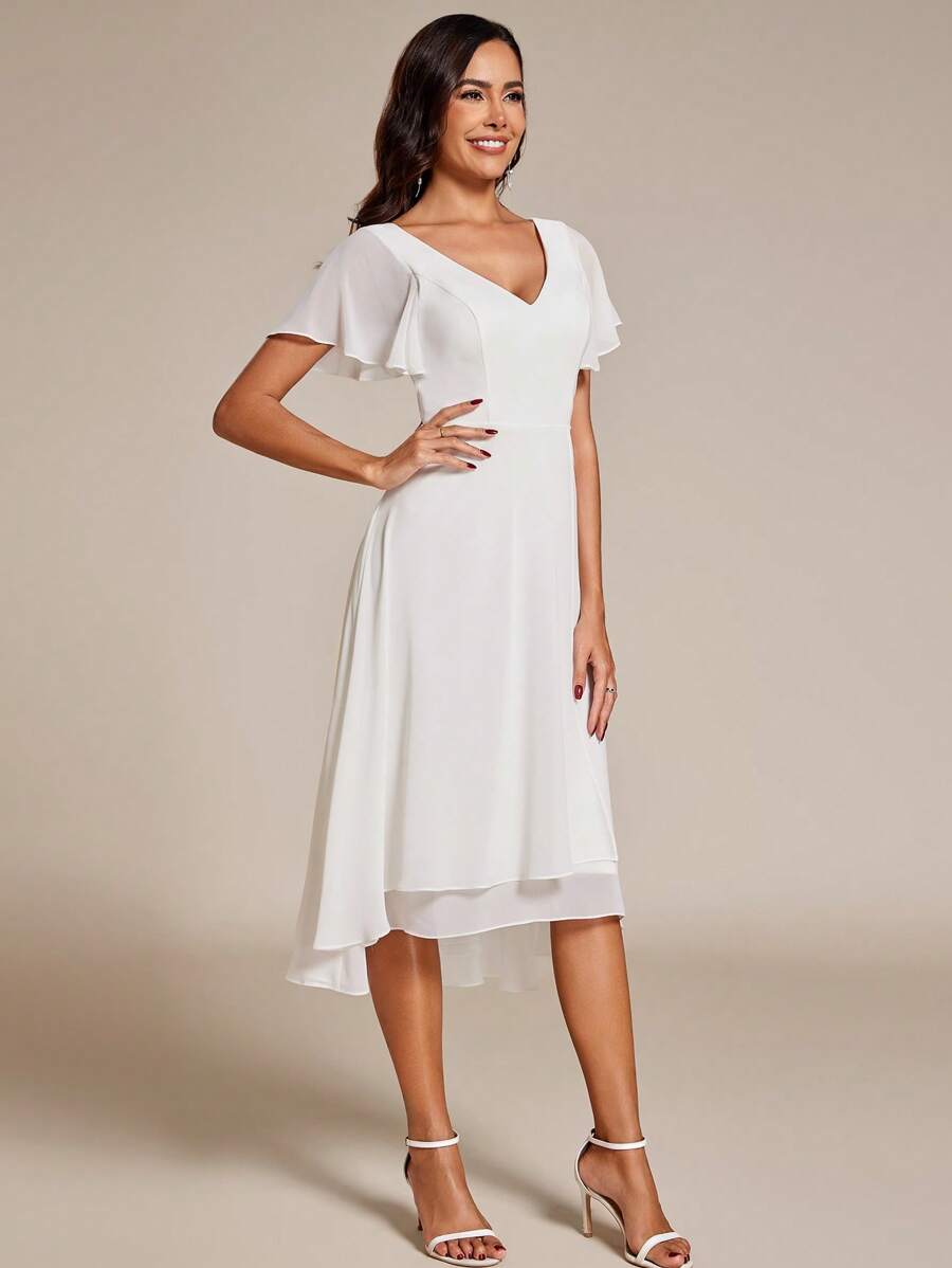 EVERPRETTY Vestido Elegante de Chiffon Liso com Decote em V, Manga Curta, Bainha Franzida, Midi Branco para Despedida de Solteira, Vestido Formal, Vestido para Chá de Panela, Vestido de Noiva para Noiva, Vestidos de Noivado