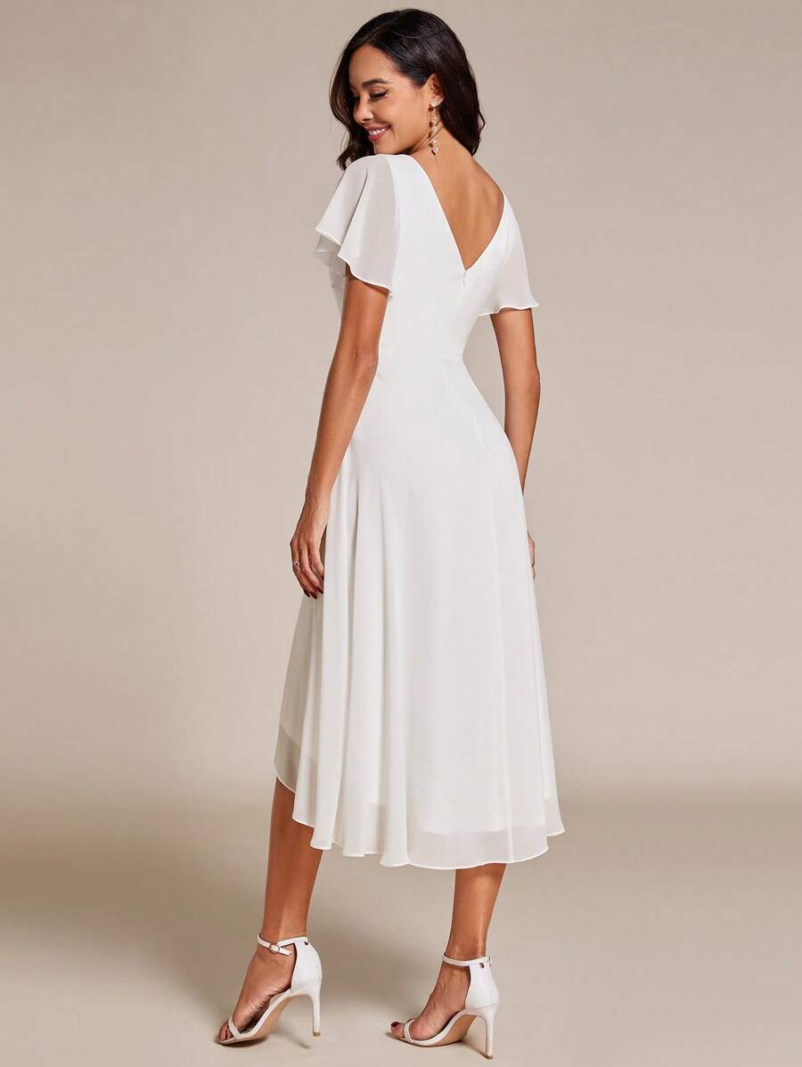 EVERPRETTY Vestido Elegante de Chiffon Liso com Decote em V, Manga Curta, Bainha Franzida, Midi Branco para Despedida de Solteira, Vestido Formal, Vestido para Chá de Panela, Vestido de Noiva para Noiva, Vestidos de Noivado