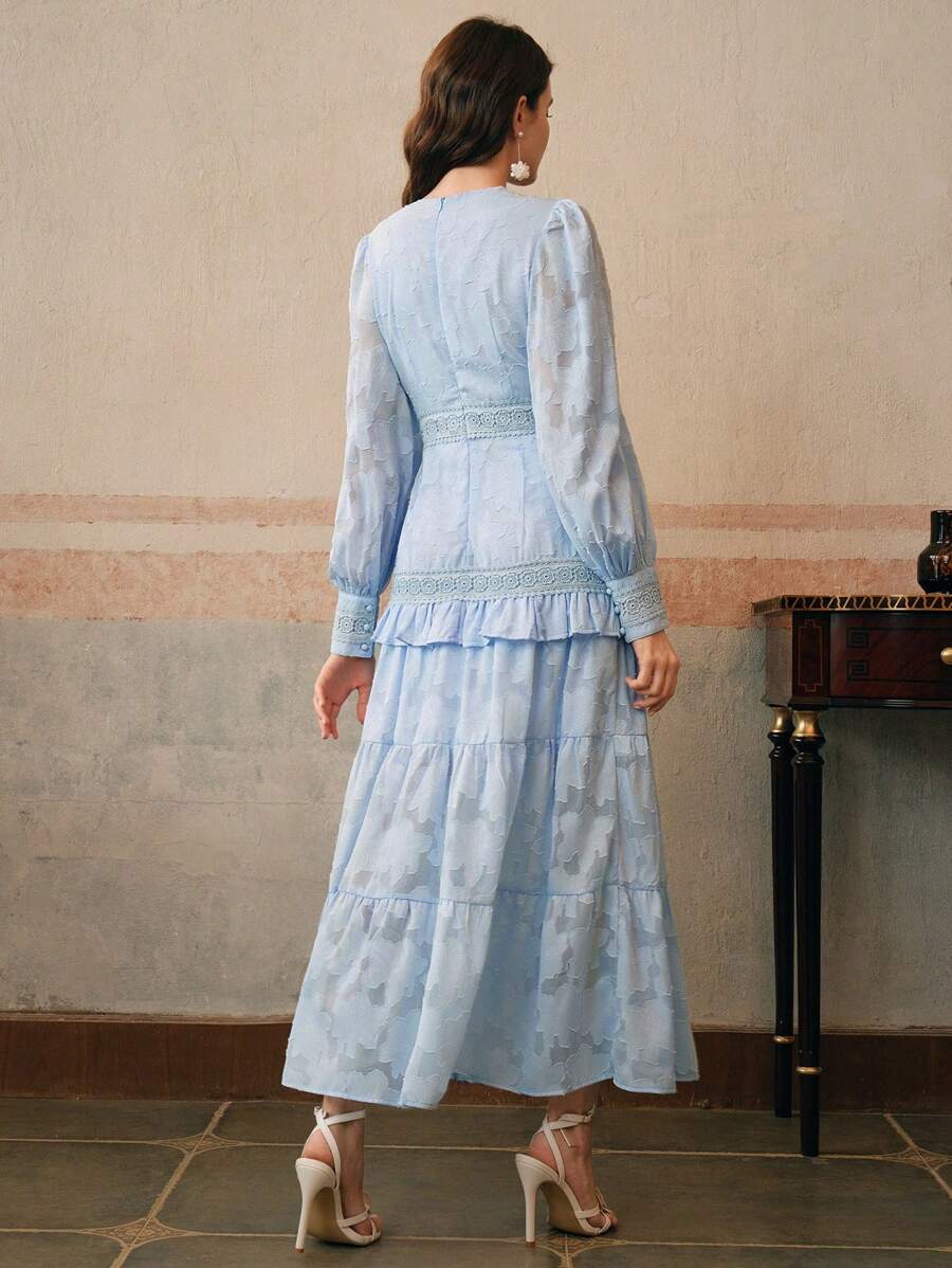 Vestido Longo Francês com Decote em V e Manga Bufante