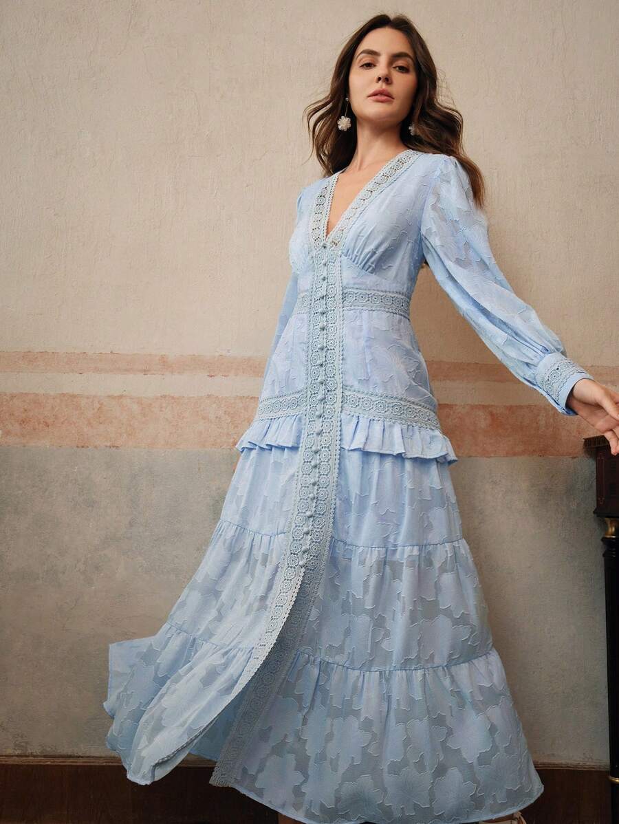 Vestido Longo Francês com Decote em V e Manga Bufante