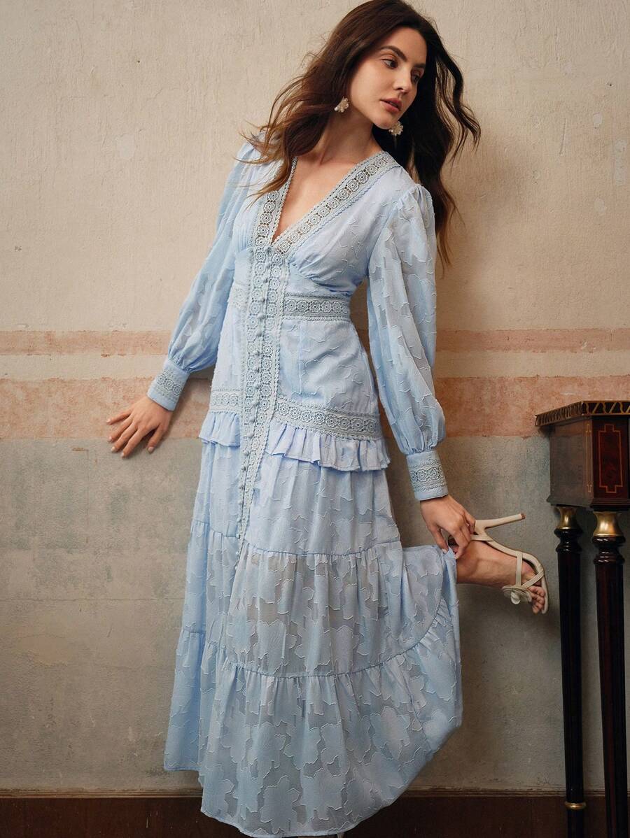 Anewsta Vestido Longo Elegante Feminino com Decote em V, Mangas Bufantes e Cintura Marcada