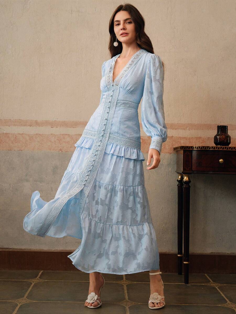 Vestido Longo Francês com Decote em V e Manga Bufante