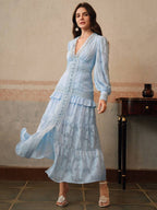 Anewsta Vestido Longo Elegante Feminino com Decote em V, Mangas Bufantes e Cintura Marcada