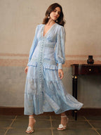 Anewsta Vestido Longo Elegante Feminino com Decote em V, Mangas Bufantes e Cintura Marcada