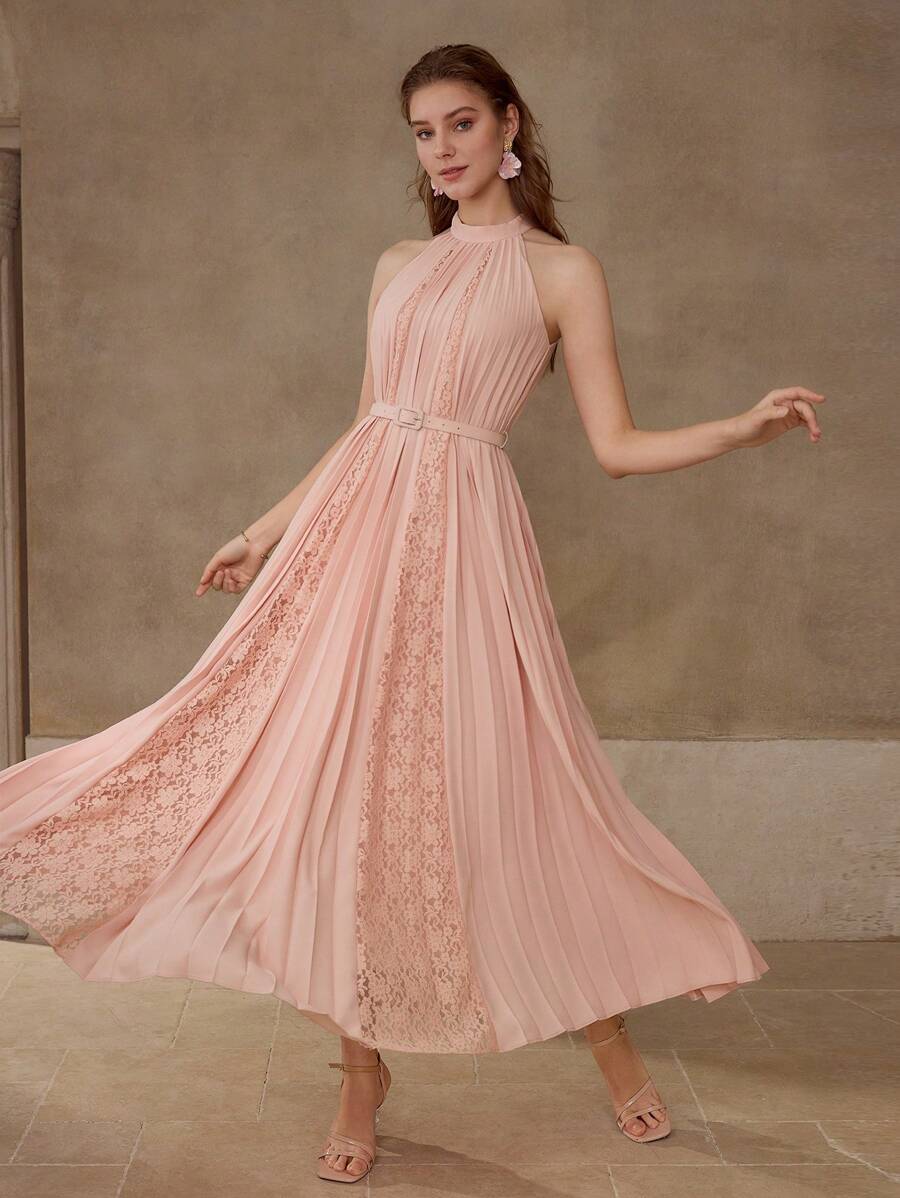 MOTF PREMIUM VESTIDO HALTER COM PREGAS E RENDA CONTRASTANTE