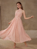 MOTF PREMIUM VESTIDO HALTER COM PREGAS E RENDA CONTRASTANTE