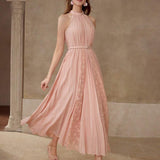 MOTF PREMIUM VESTIDO HALTER COM PREGAS E RENDA CONTRASTANTE