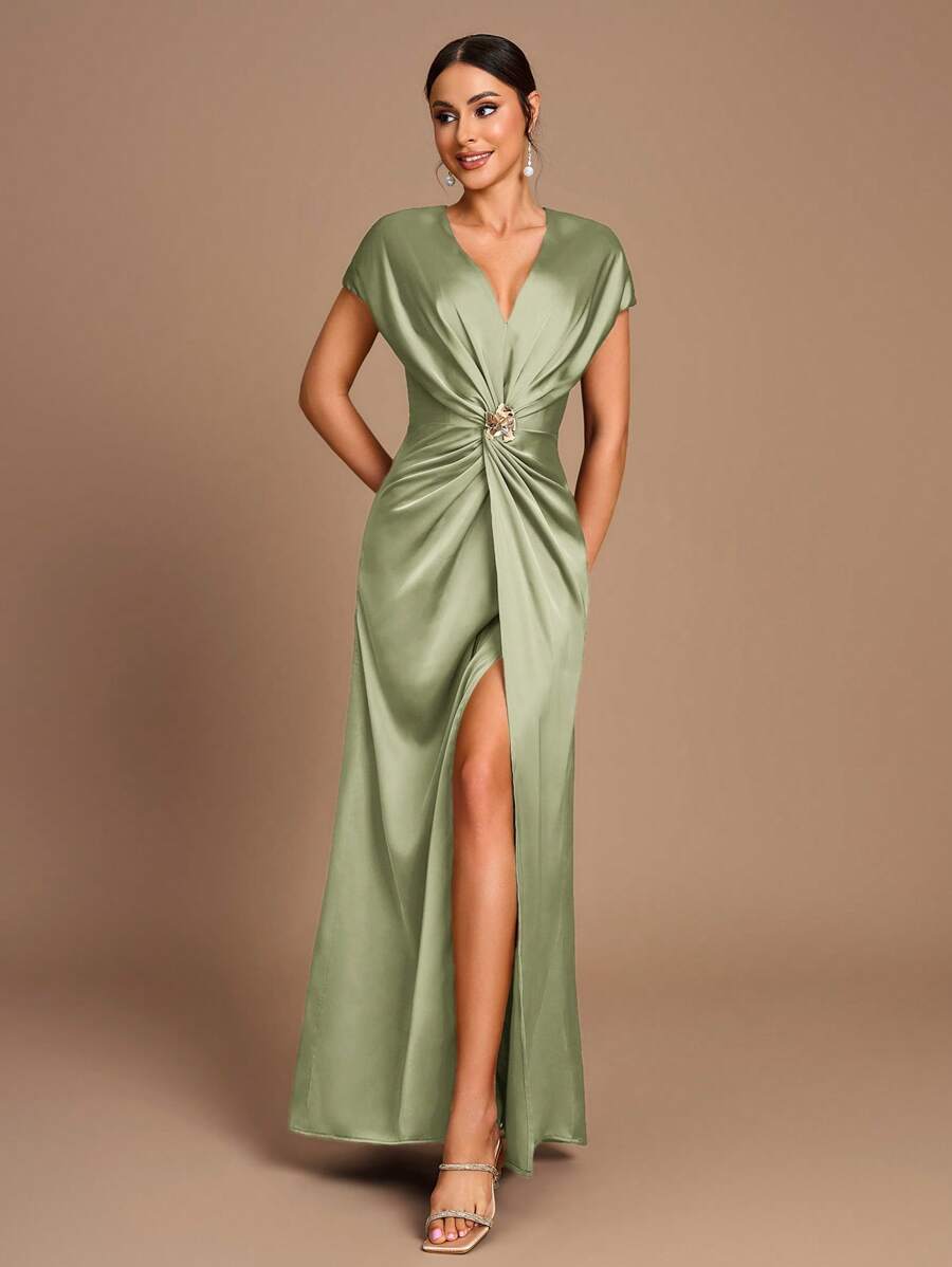SHEIN Belle Vestido de Dama de Honra Evasê com Manga Curta Franzida, Fenda e Decote em A, na Cor Cáqui Elegante e Romântica
