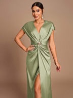 SHEIN Belle Vestido de Dama de Honra Evasê com Manga Curta Franzida, Fenda e Decote em A, na Cor Cáqui Elegante e Romântica