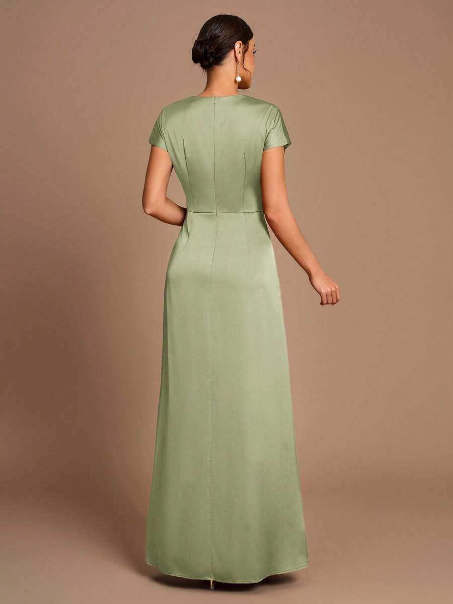 SHEIN Belle Vestido de Dama de Honra Evasê com Manga Curta Franzida, Fenda e Decote em A, na Cor Cáqui Elegante e Romântica