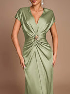 SHEIN Belle Vestido de Dama de Honra Evasê com Manga Curta Franzida, Fenda e Decote em A, na Cor Cáqui Elegante e Romântica