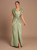 SHEIN Belle Vestido de Dama de Honra Evasê com Manga Curta Franzida, Fenda e Decote em A, na Cor Cáqui Elegante e Romântica