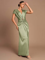 SHEIN Belle Vestido de Dama de Honra Evasê com Manga Curta Franzida, Fenda e Decote em A, na Cor Cáqui Elegante e Romântica