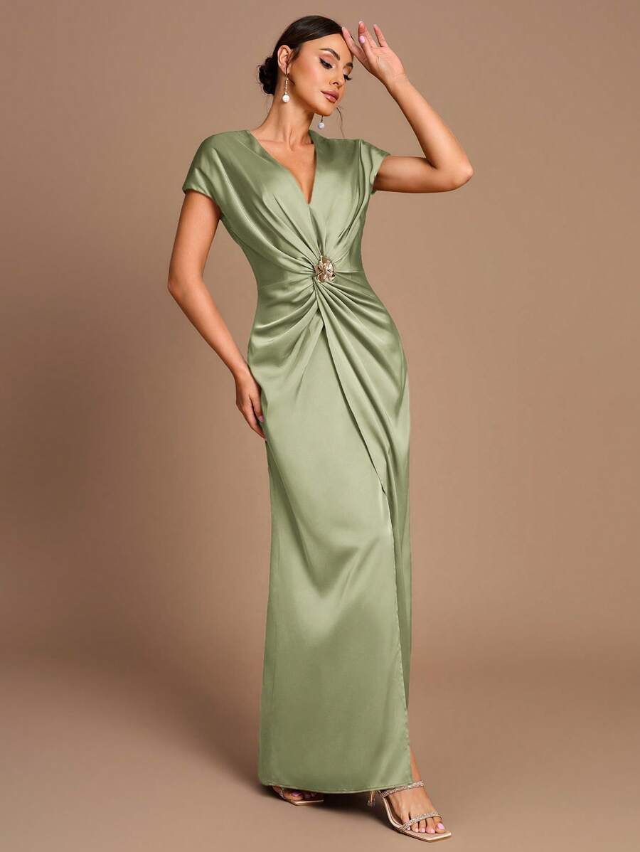 SHEIN Belle Vestido de Dama de Honra Evasê com Manga Curta Franzida, Fenda e Decote em A, na Cor Cáqui Elegante e Romântica