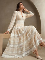 Anewsta Vestido Longo de Renda Macia com Recorte Oco Estilo Palácio da Moda Francesa, Adequado para Primavera, Festival, Férias