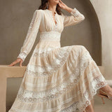 Anewsta Vestido Longo de Renda Macia com Recorte Oco Estilo Palácio da Moda Francesa, Adequado para Primavera, Festival, Férias