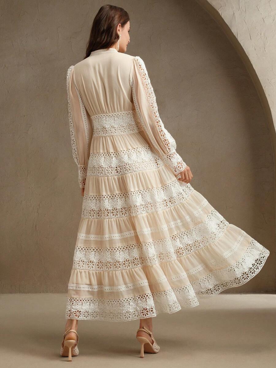 Anewsta Vestido Longo de Renda Macia com Recorte Oco Estilo Palácio da Moda Francesa, Adequado para Primavera, Festival, Férias