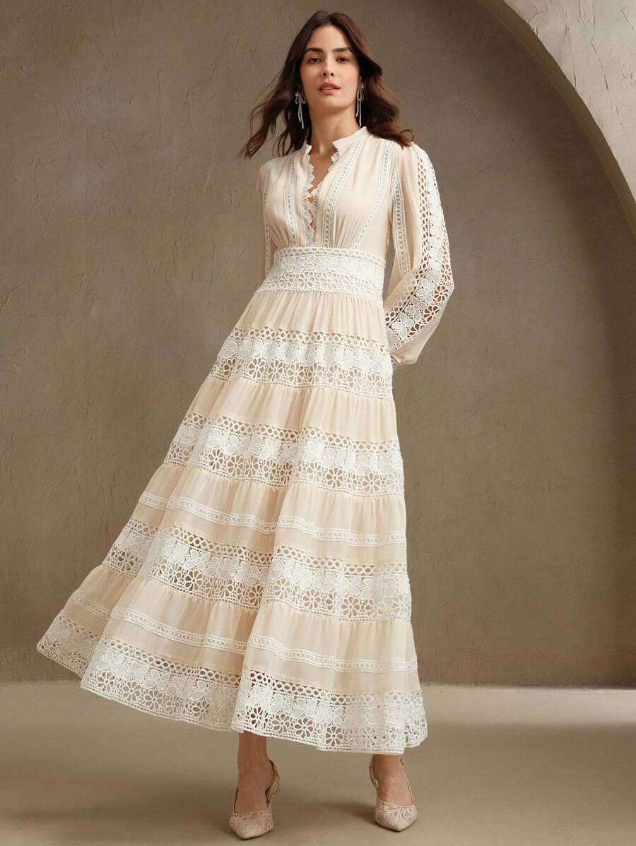 Anewsta Vestido Longo de Renda Macia com Recorte Oco Estilo Palácio da Moda Francesa, Adequado para Primavera, Festival, Férias