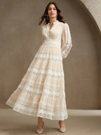 Anewsta Vestido Longo de Renda Macia com Recorte Oco Estilo Palácio da Moda Francesa, Adequado para Primavera, Festival, Férias
