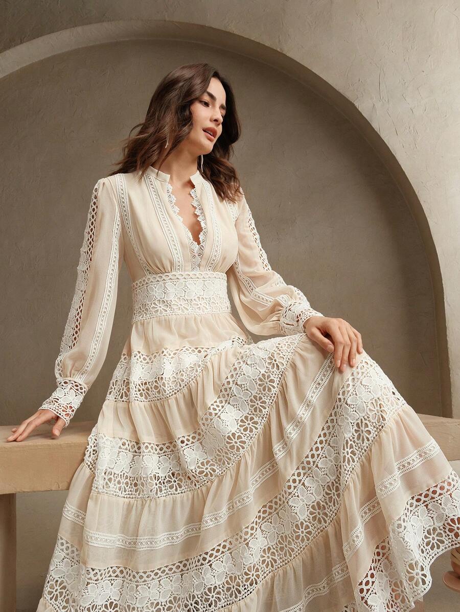 Anewsta Vestido Longo de Renda Macia com Recorte Oco Estilo Palácio da Moda Francesa, Adequado para Primavera, Festival, Férias