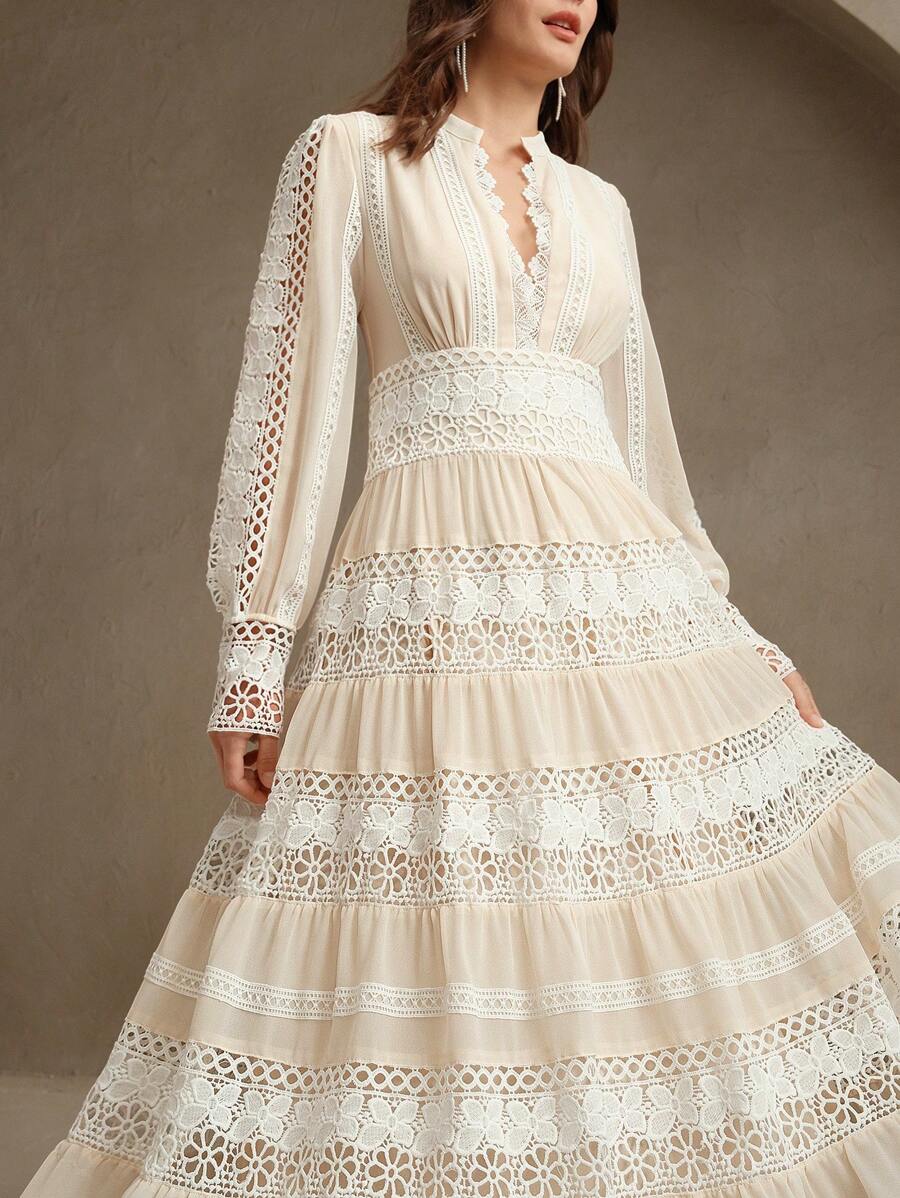 Anewsta Vestido Longo de Renda Macia com Recorte Oco Estilo Palácio da Moda Francesa, Adequado para Primavera, Festival, Férias