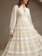 Anewsta Vestido Longo de Renda Macia com Recorte Oco Estilo Palácio da Moda Francesa, Adequado para Primavera, Festival, Férias
