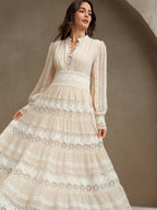 Anewsta Vestido Longo de Renda Macia com Recorte Oco Estilo Palácio da Moda Francesa, Adequado para Primavera, Festival, Férias