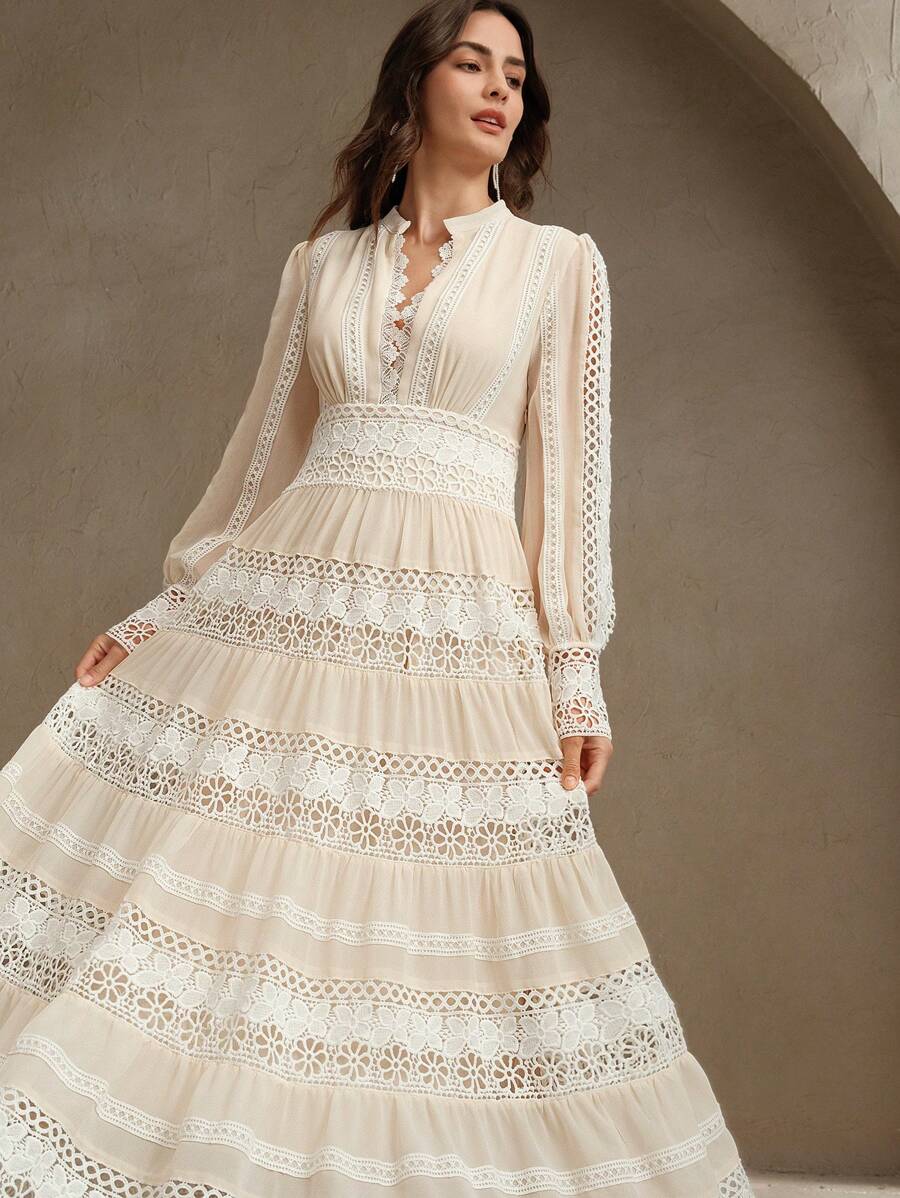 Anewsta Vestido Longo de Renda Macia com Recorte Oco Estilo Palácio da Moda Francesa, Adequado para Primavera, Festival, Férias