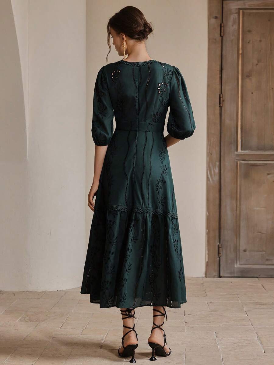 Anewsta Vestido Longo Elegante Bordado em Renda com Fenda e Decote em V, Perfeito para Férias, Ano Novo, Dia dos Namorados, Praia de Verão