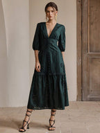 Anewsta Vestido Longo Elegante Bordado em Renda com Fenda e Decote em V, Perfeito para Férias, Ano Novo, Dia dos Namorados, Praia de Verão