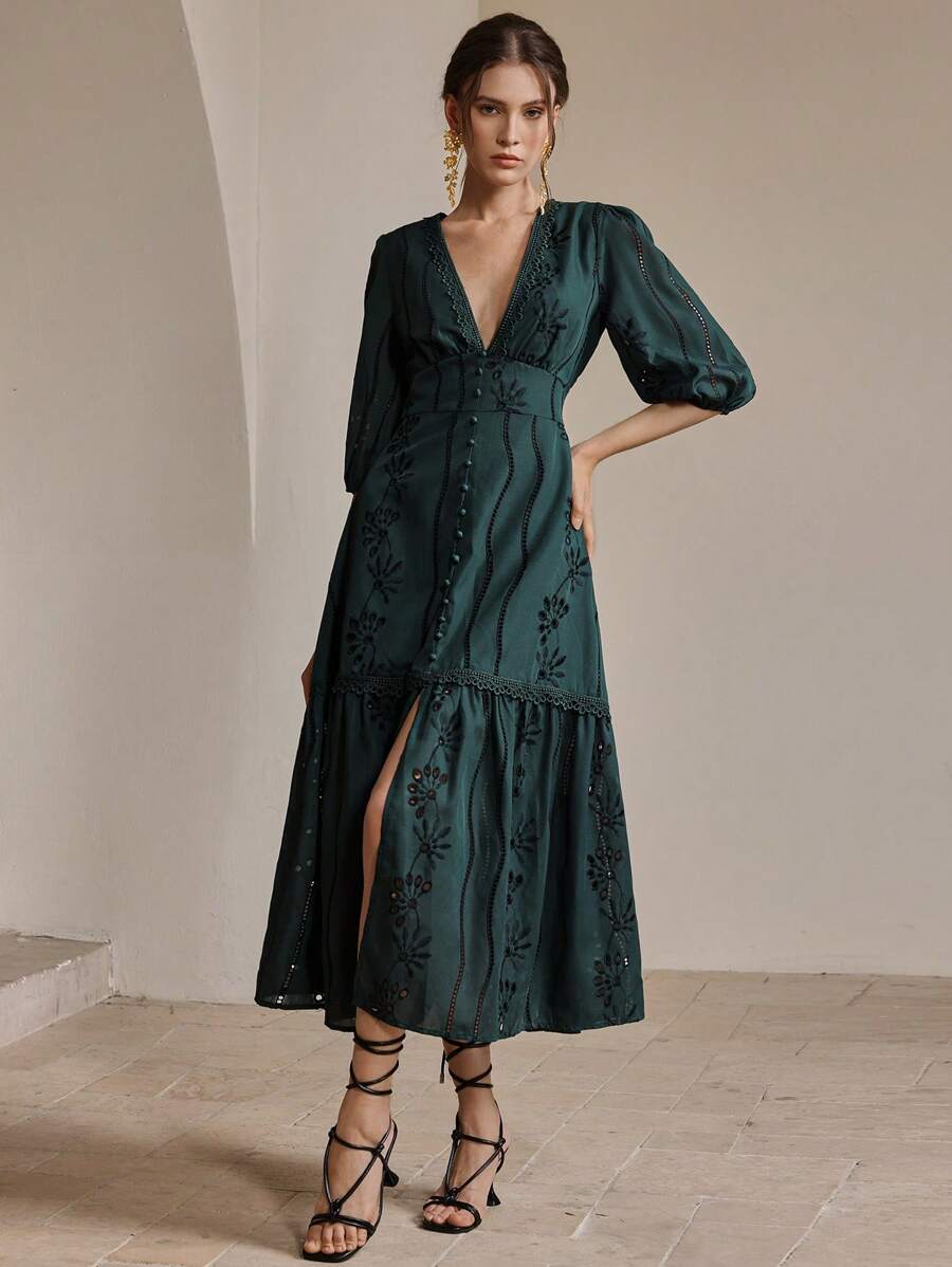 Anewsta Vestido Longo Elegante Bordado em Renda com Fenda e Decote em V, Perfeito para Férias, Ano Novo, Dia dos Namorados, Praia de Verão