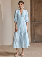 Anewsta Vestido Longo Elegante Bordado em Renda com Fenda e Decote em V, Perfeito para Férias, Ano Novo, Dia dos Namorados, Praia de Verão