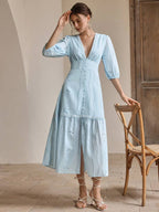 Anewsta Vestido Longo Elegante Bordado em Renda com Fenda e Decote em V, Perfeito para Férias, Ano Novo, Dia dos Namorados, Praia de Verão