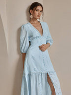 Anewsta Vestido Longo Elegante Bordado em Renda com Fenda e Decote em V, Perfeito para Férias, Ano Novo, Dia dos Namorados, Praia de Verão