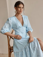 Anewsta Vestido Longo Elegante Bordado em Renda com Fenda e Decote em V, Perfeito para Férias, Ano Novo, Dia dos Namorados, Praia de Verão