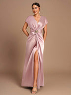 SHEIN Belle Vestido de Dama de Honra Evasê com Manga Curta Franzida, Fenda e Decote em A, na Cor Cáqui Elegante e Romântica