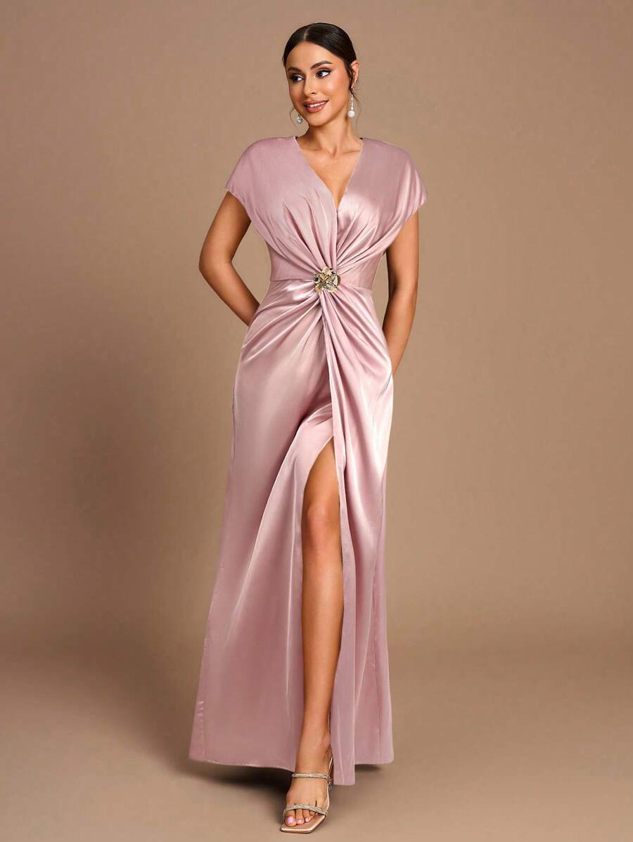 SHEIN Belle Vestido de Dama de Honra Evasê com Manga Curta Franzida, Fenda e Decote em A, na Cor Cáqui Elegante e Romântica