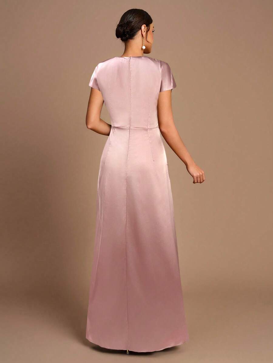 SHEIN Belle Vestido de Dama de Honra Evasê com Manga Curta Franzida, Fenda e Decote em A, na Cor Cáqui Elegante e Romântica