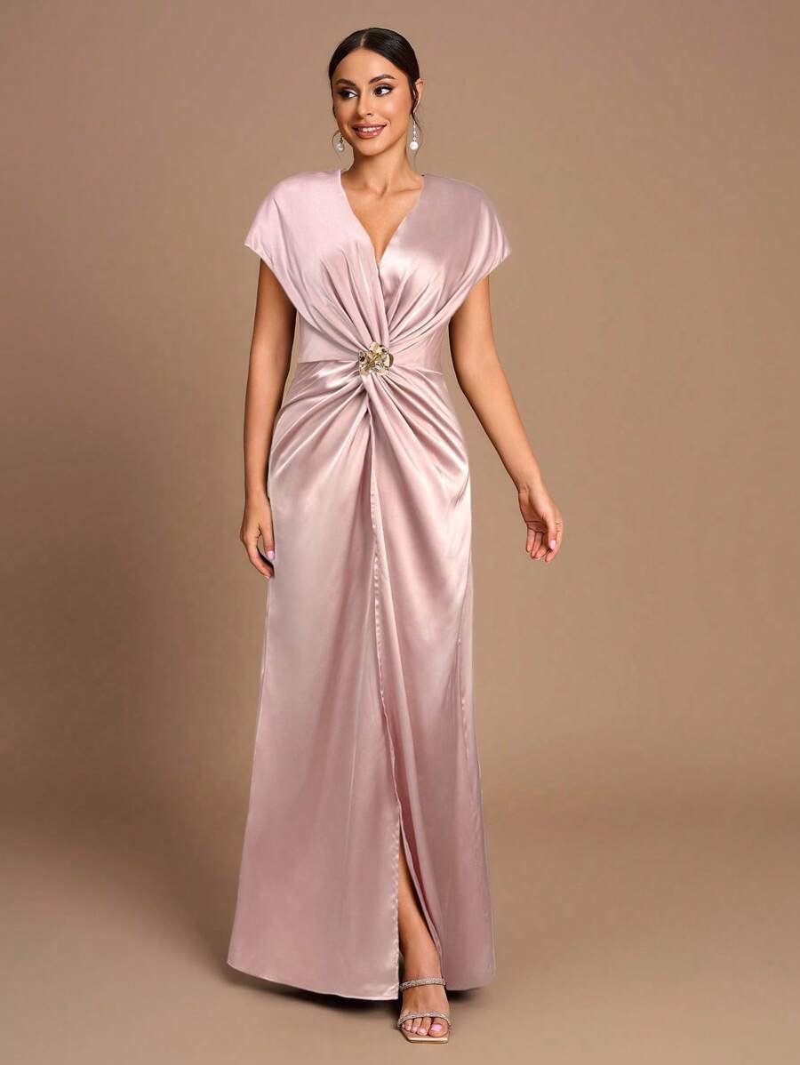 SHEIN Belle Vestido de Dama de Honra Evasê com Manga Curta Franzida, Fenda e Decote em A, na Cor Cáqui Elegante e Romântica