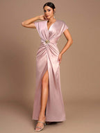 SHEIN Belle Vestido de Dama de Honra Evasê com Manga Curta Franzida, Fenda e Decote em A, na Cor Cáqui Elegante e Romântica