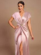 SHEIN Belle Vestido de Dama de Honra Evasê com Manga Curta Franzida, Fenda e Decote em A, na Cor Cáqui Elegante e Romântica