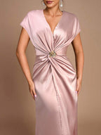 SHEIN Belle Vestido de Dama de Honra Evasê com Manga Curta Franzida, Fenda e Decote em A, na Cor Cáqui Elegante e Romântica