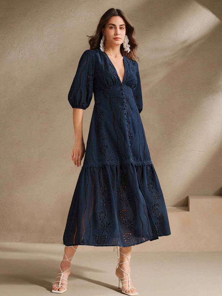 Anewsta Vestido Longo Elegante Bordado em Renda com Fenda e Decote em V, Perfeito para Férias, Ano Novo, Dia dos Namorados, Praia de Verão